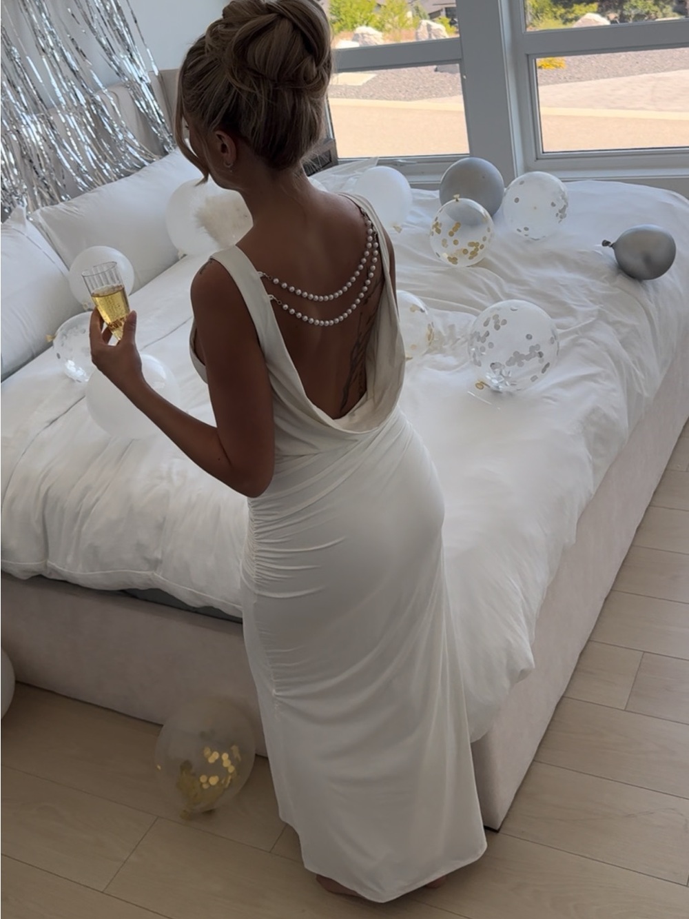 White Pearl Backless Cowl Neck Dress - Picture 2 of 4